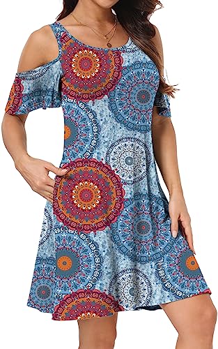 Image of Short /Long Sleeve Women's Cold Shoulder Dress with Pockets Casual Swing T-Shirt Dresses