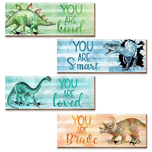Image of Wooden Dinosaur Wall Signs - 4 Piece Set for Boys' Bedroom, Toddlers' Room, Nursery & Birthday Parties