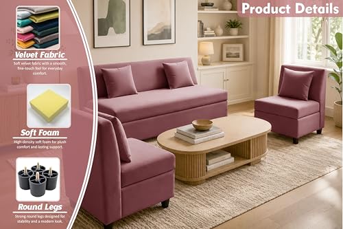 Image of 3+1+1 Modern Velvet Fabric Sofa Set for Living Room | Three Seater Sofa with 2 Single Seater Chairs | for Home, Office| Rose Pink