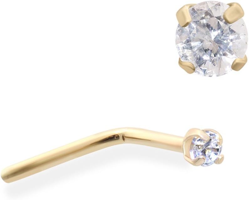 MsPiercing 14K Gold Clear Genuine Diamond Nose Pin, Gauge: 22 (0.6Mm)