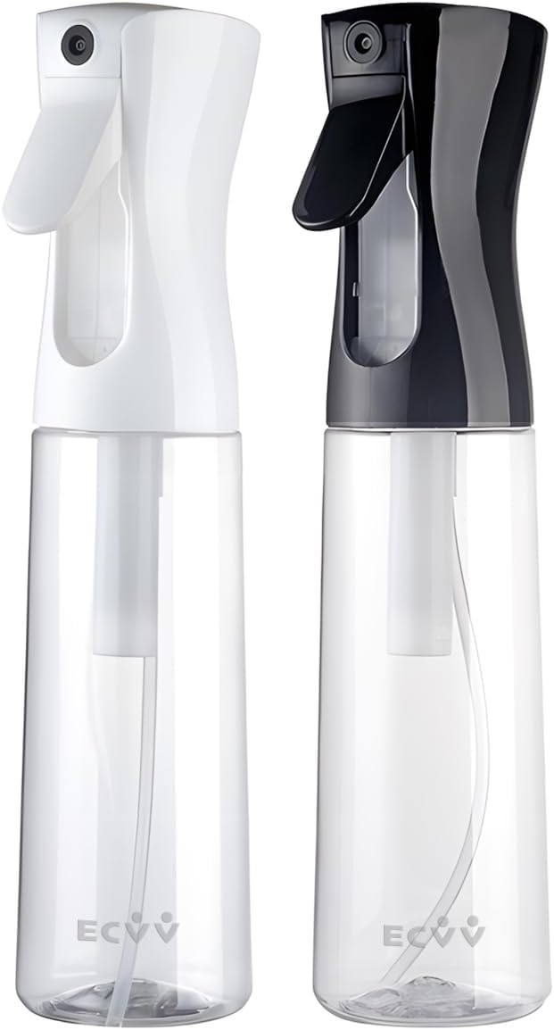 ECVV® 300ml Continuous Spray Bottle 2Pack Plastic Empty Hair Mist Sprayer Ultra Fine Water Mister for Hairstyling Cleaning Salons Plants Pet Care (Transparent White&Black)