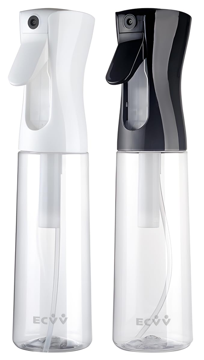 ECVV® 300ml Continuous Spray Bottle 2Pack Plastic Empty Hair Mist Sprayer Ultra Fine Water Mister for Hairstyling Cleaning Salons Plants Pet Care (Transparent White&Black)
