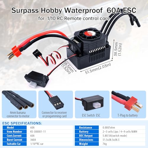 ESC 60A sin escobillas SurpassHobby variador impermeable coche RC 1/10 5