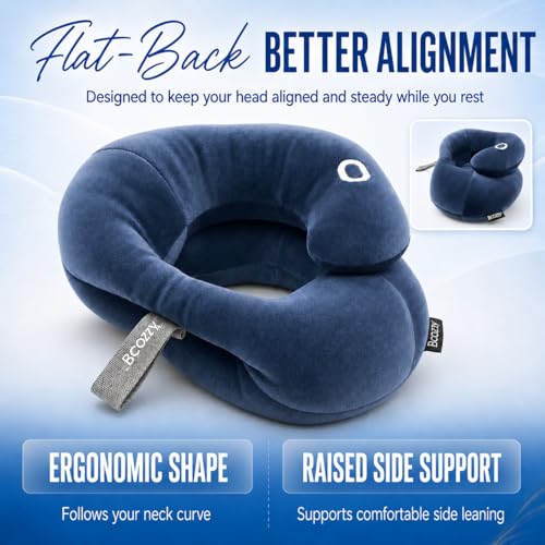Image of BCOZZY Flat Back Travel Neck Pillow - Patented Neck Pain Relief & Support for Head, Neck, and Chin. Ideal for Airplanes, Long Flights, Car Rides. Adjustable, Washable, with Carry Bag. Large, Navy