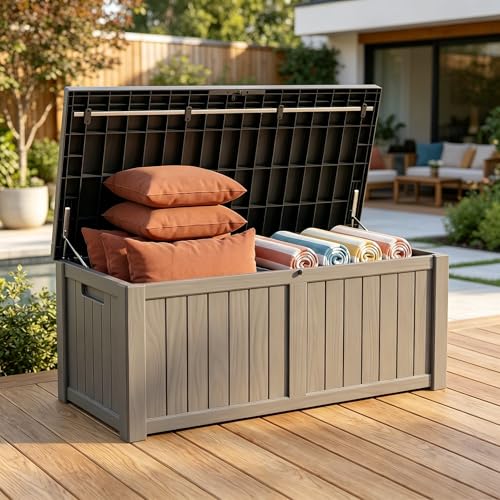 Image of 121 Gallon Resin Deck Box for Patio - Outdoor Storage Chest for Patio Furniture Cushions, Garden Tools, Pool Accessories - Lockable, Waterproof, All-Weather, Wood Grain Design, Easy Assembly