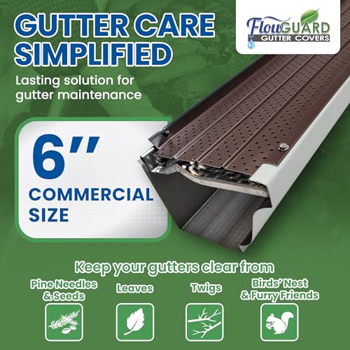 Image of FlowGuard USA Made Professional DIY 6 Inch 50-Year Gutter Cover System - Brown - Aluminum Gutter Guards - 102 Feet - by FlexxPoint