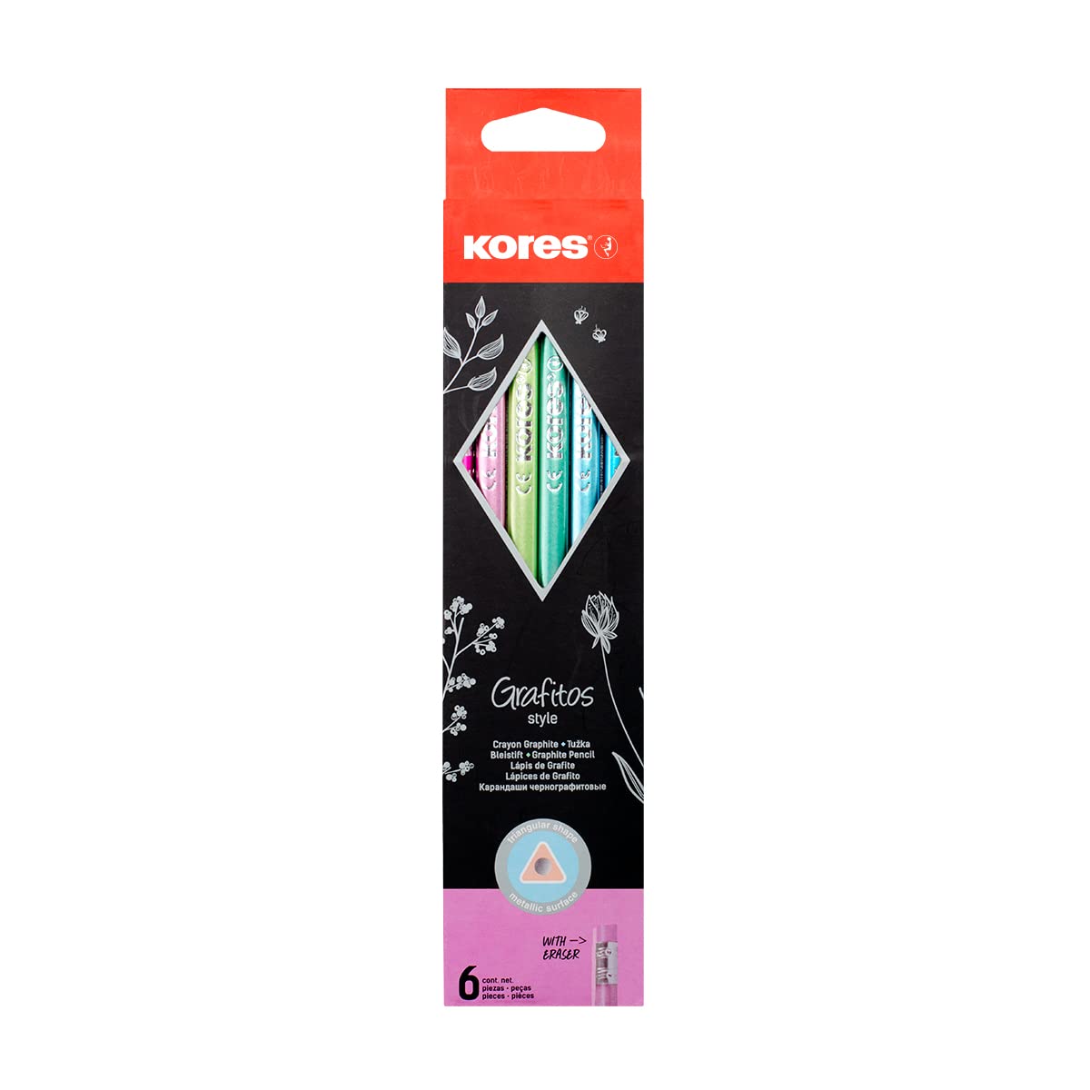 Kores - Graphite Pencils Set - Grafitos Style, HB, Soft, Triangular - School Supplies, Drawing Pencils, HB Pencils, Art Supplies - Pack of 6 with Eraser