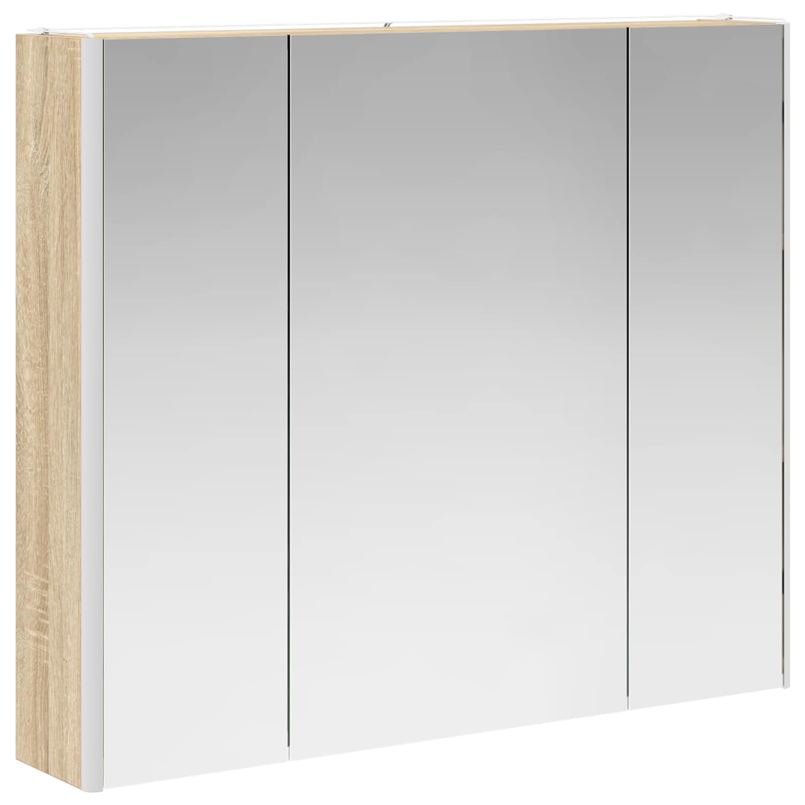 Armario de baño con espejo de roble Sonoma de madera de 83,5 x 15,5 x 70 cm con iluminación LED, estantes ajustables, montaje en pared y espejo a ambos lados para baño moderno e inodoro de