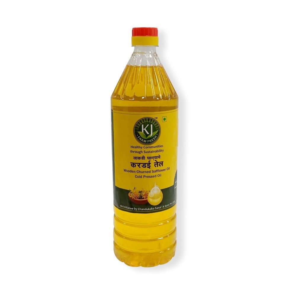 KJ Farm Fresh Wooden Cold Pressed Unrefined Safflower Oil Kardai/Karadi/Kolhu/Kusum Ka Tel/Cooking Healthy Oil, Pack of 1, 1 LTR