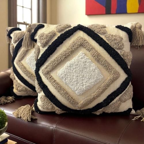 Image of Furnistitchs Handmade Cotton Bohemian Home Decor Cushion Cover 24x24 inches / 60x60 cms - Boho Chic Couch Sofa Throw Living Room Bedroom Cushions (2, Geometric)