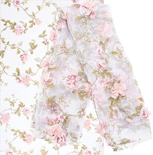 GORGECRAFT 55Inch Embroidered Flower Fabric 3D Organza Pink Floral Chiffon Rose Leaves Vintage Lace Fabric Embroidery Applique Ribbons for Sewing Wedding Bridal Cloth DIY Crafts Supplies