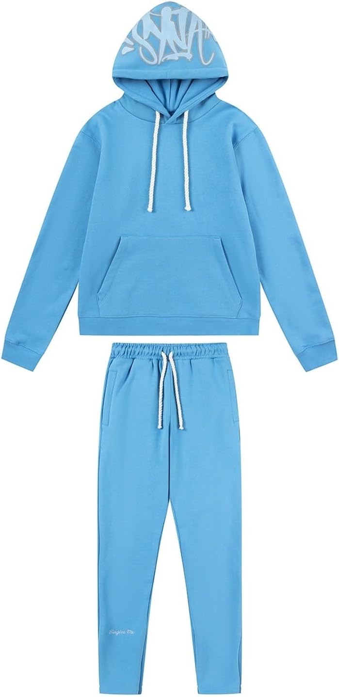 Fashion Brand Syna World Foaming Letters Men's and Women's Tracksuit Set, Cotton 2 Piece Sports Jacket and Pants, Casual Fleece Hoodie Set(Blue,Large)