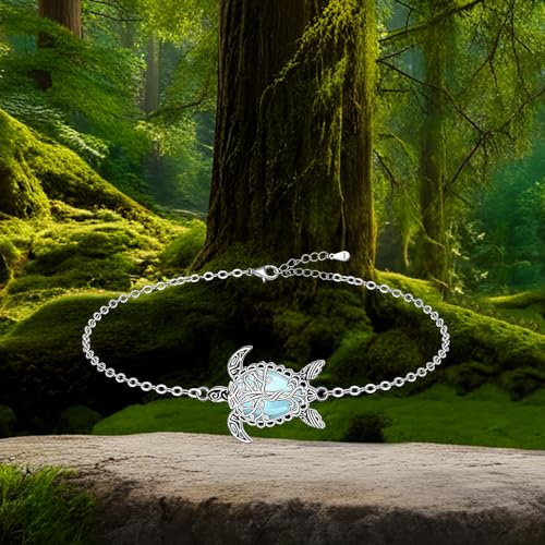 Image of Fenthring Turtle Anklet S925 Sterling Silver Blue Opal Sea Turtle Ankle Bracelets for Women Infinity Wave Ocean Beach Summer Foot Bracelet Jewelry Layered Adjustable