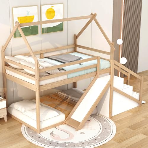 Harper & Bright Designs Twin Over Twin Bunk Bed with Slide and Staircase, House Bunk Bed for Kids, Wood Loft/Bunk Bed Frame with Storage for Kids Teens Boys Girls, (Natural)