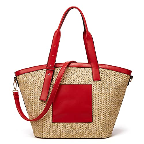 BAOZENGMUY Strohtaschen Strandtasche Casual Stroh Große Körbe Tote Damen Handtaschen Wicker Woven Lady Schulter Umhängetasche Rattan Beach Big Shopper Bag Rot, Einheitsgröße Cover
