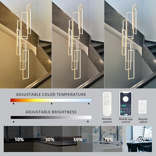 Ayshwilldec Gold Modern Led Chandelier Adjustable High Ceiling Light Fixtures Dimmable Led Pendant Lighting 8 Rings Rectangle Staircase Chandelier Contemporary Large Chandeliers for High Ceiling Lobby by AyshwillDec - Used condition - Image 5