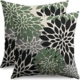 Juego de 2 Fundas de Almohada de Color Verde Salvia y Negro, 40,6 x 40,6 cm, con diseño Floral de Dalia, Color Crema, para Primavera y Verano, para Exteriores, Estilo rústico Moderno, para decoració