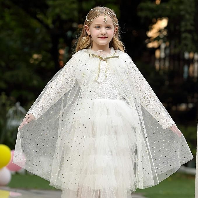 Image of Princess Cape for Girls - Colorful Sequin Cloak with Crown and Wand for Birthday, Halloween, Fancy Dress & Carnival