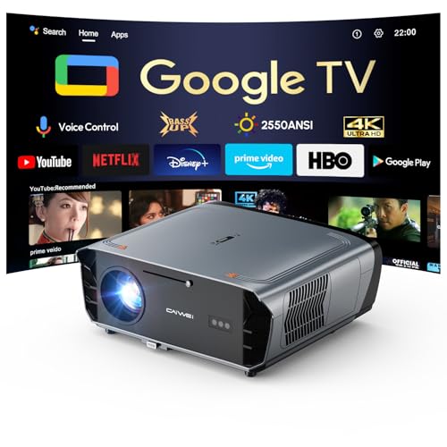 2550 ANSI Beamer 4K mit Google TV, Heimkino Tageslicht Beamer mit Tof AutoFokus 35W*2 Sprecher DD+ HDR10+ Ultra HD LED Smart Projektor HDMI ARC WiFi6 Bluetooth für Tageslicht Tauglich, Handy Gaming