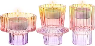 for Taper Candles, Clear Glass Candlestick Holders 3 Pcs Candlestick Set, Tealight Candles, Pillar Candles, Decorative Colorful Candlesticks for Festival and Wedding Party
