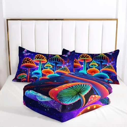 Image of AILONEN Kids Mushroom Bedding Set Queen Size,Starry Night Wild Fungus Duvet Set for Boys Girls,Colorful Mushroom Butterfly Comforter with 2 Pillowcases,3Pcs