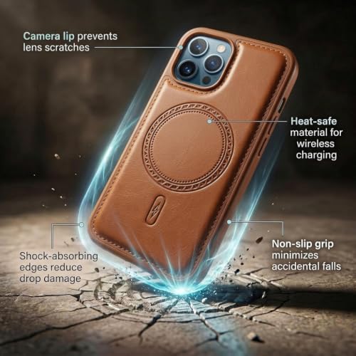 Image of amazon basics Premium PU Leather Case for iPhone 12 Pro Max, MagSafe Compatible Magnetic Ring, Sleek Protective Back Cover - [Tan]