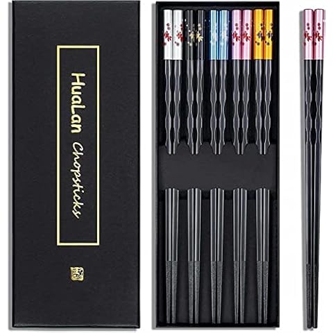 HuaLan Fiberglass Chopsticks Series - Japanese Non-Slip Luxury Reusable Chopsticks 5 Pairs Gift Set Cover