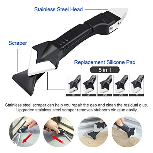 Caulking Tool, Stainless Steelhead Caulking Tool Kit, Silicone Sealant Grout Removal Tool with Reuse and Replace 6 Pads for Kitchen Bathroom Window, Sink Joint