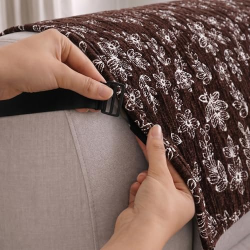 Image of STITCHNEST 'Opulence Series' Floral Woven Sofa Cover for 1 Seater | Premium Soft Fabric Sofa Protector | Brown Floral Pattern with Armrest Pockets | Durable Living Room Furniture Cover