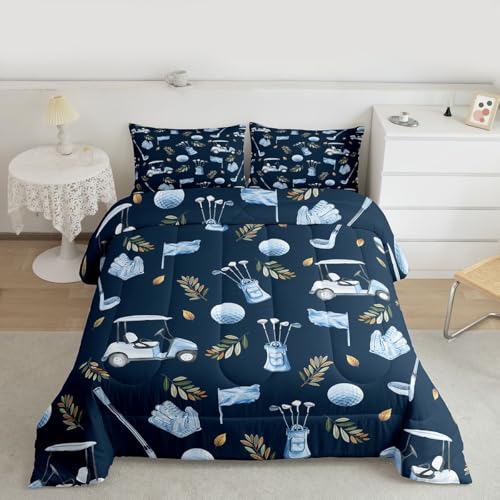 Image of Feelyou Navy Blue Golf Comforter Set King Size Leaves Bedding Set for Kids Boys Girls Sports Golfing Theme Duvet Quilt Bedroom Decor Microfiber 3 Pcs with 2 Pillow Cases
