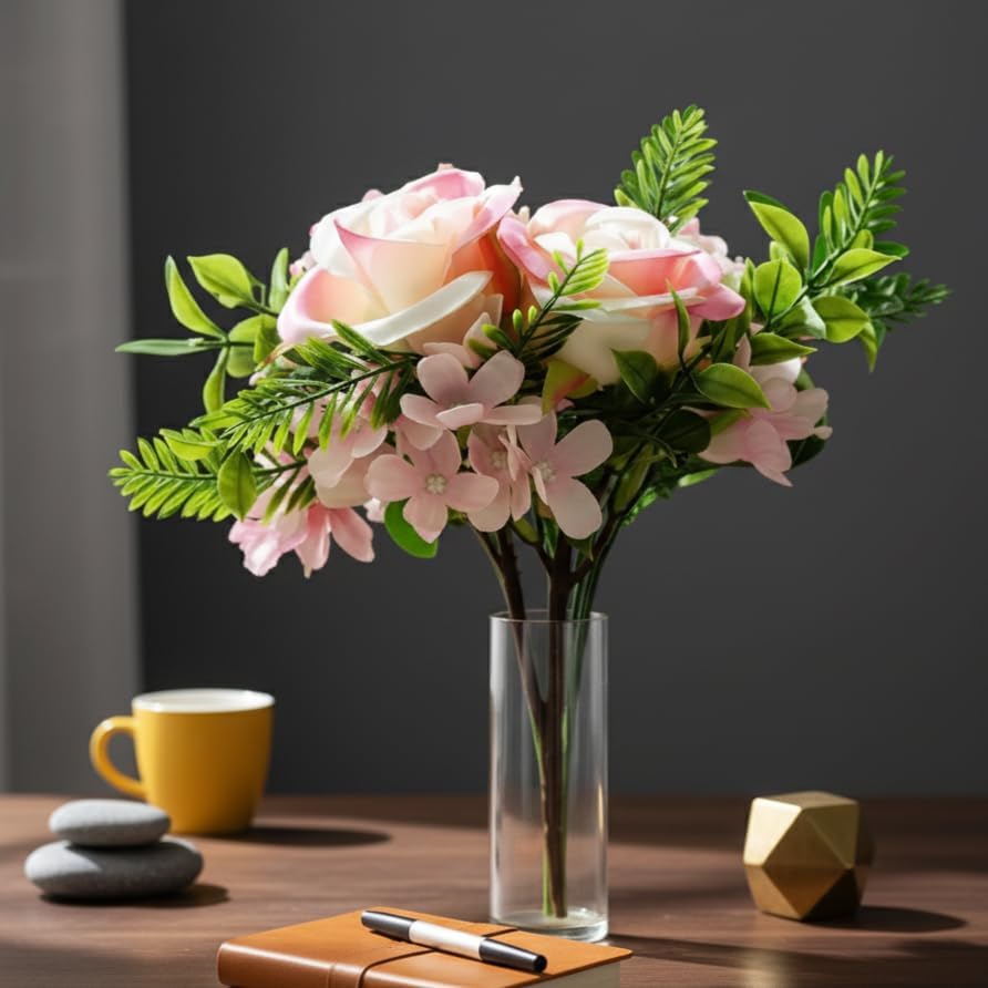 The Better Home Artificial Light Pink Rose Flower Bulb | 22 CM Long | Aesthetic Home Decor Item | Plastic Plants for Office Desk, Bedroom, Balcony, Living Room, Table Top, Shelves |