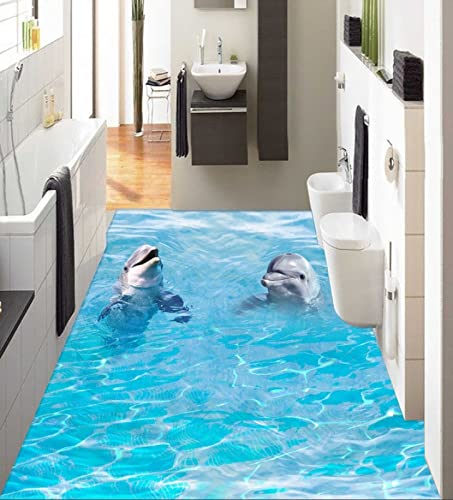 Wall Mural Wallpaper 144 x 100 inch (Width x Height) 3D PVC Flooring Custom Wall Sticker A Pair of Ocean Dolphins 3D Bathroom Flooring Painting Photo 3D Wall murals Wallpaper