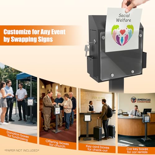 Image of Suggestion Box with Stand,Black Donation Boxes for Fundraising,Heavy Duty Metal Floor Standing Ballot Box with Lock and Keys,Ideal for Voting, Donation and Church Election