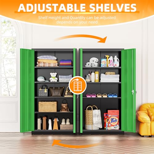 Image of INTERGREAT Metal Storage Cabinet with Doors, 72 inch Locking Steel Storage Cabinet with Shelves, Tall Metal Cabinet Lockable Steel Cabinets for Home Office, Garage,(Black+Green)