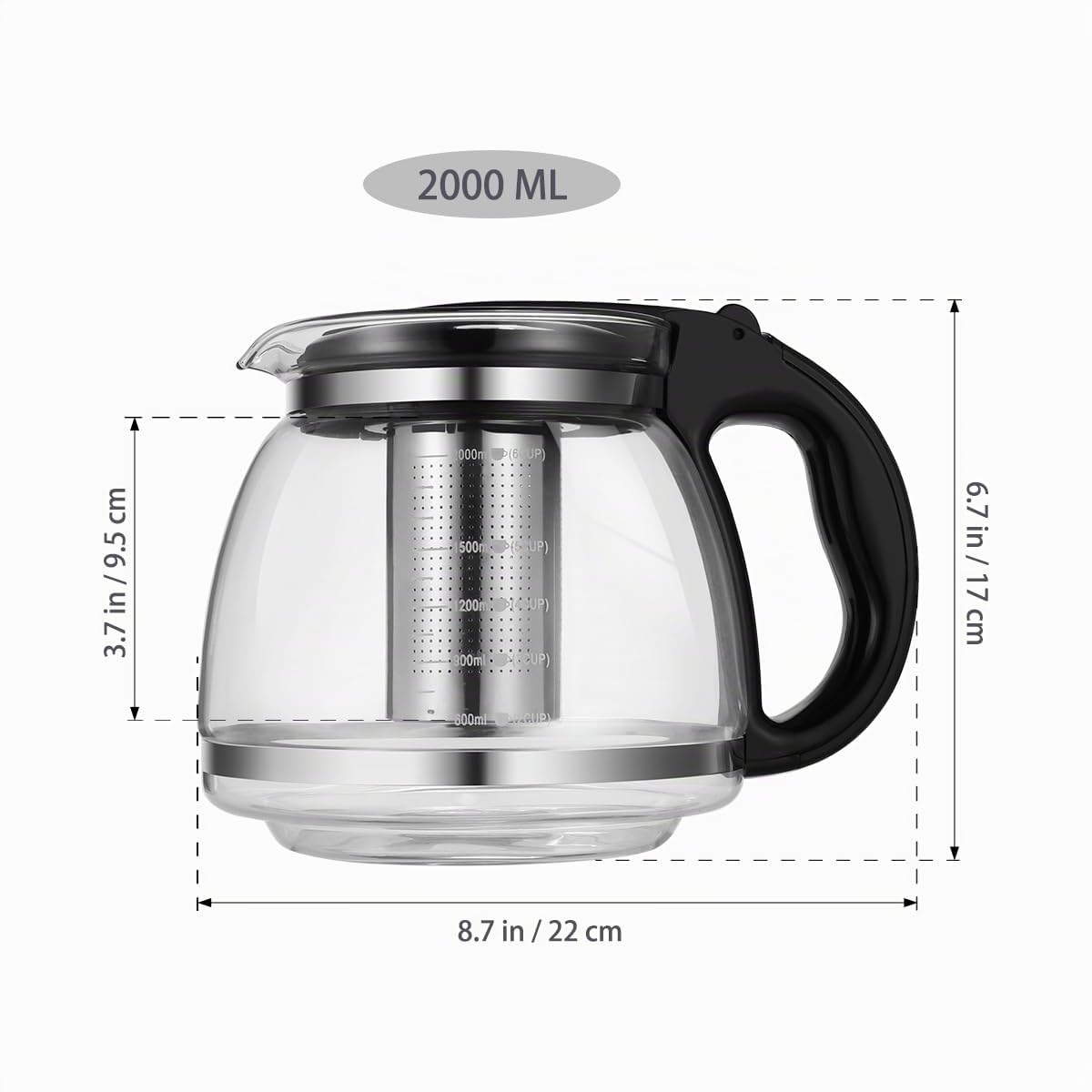 OUNONA - 2000ML Glas Teekanne mit Siebeinsatz, Borosilikat Glas Teebereiter mit Abnehmbarem Teesieb, Geeignet fr Teewarmer