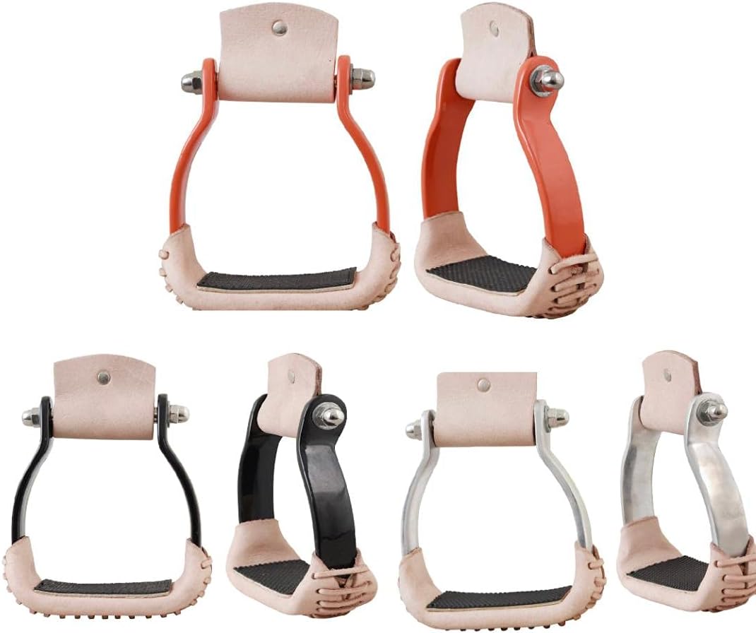 Western Horse Saddle Stirrups Aluminum w/Leather Barrel Racing 5" Wide Orange/Black/Silver (Black)