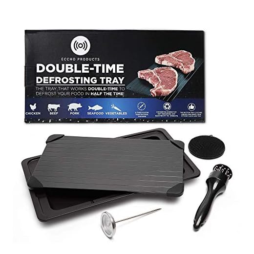 Eccho Products Double-Time Defrosting Tray, Rapid Thawing Plate, Thawing Tray for Frozen Meat, Defrosting Plate for Meat with Drip Tray, Meat Tenderizer, Meat Thermometer and Silicone Sponge