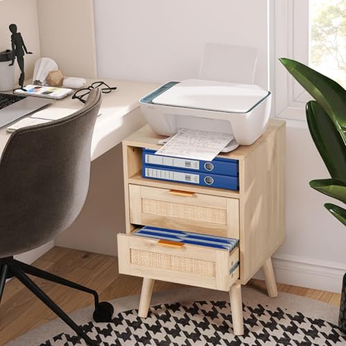 AILEEKISS Rattan Nightstand with Wireless Charging Station Modern Bedside Tables with Solid Wood Feet Rattan Night Stands End Table with Drawers and Open Storage Shelf for Bedroom (Natural) - Image 6