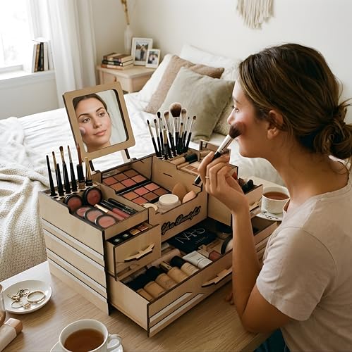 Image of Wooden Makeup Organizer Box with Drawers & Mirror | Vanity Station | Large Capacity Cosmetic Storage Case for Makeup, 38.2x20x19 cm, White