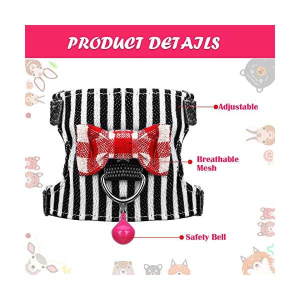 2 pieces small pet harness with bowknot and bell decor, no pulling comfort padded vest guinea pig harness and leash set for ferret, rats, iguana, hamster (black stripe,s) - image 7