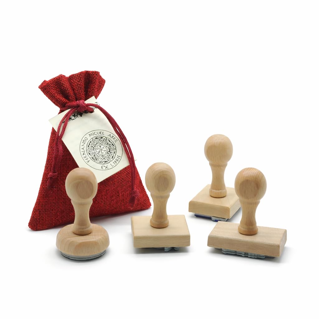 SELLO EX LIBRIS PERSONALIZADO, MADERA DE HAYA Y BOLSA LIMOSNERA