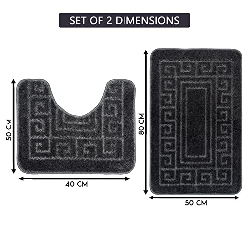 Greek Bath Mat 2 Pcs Set Non-Slip Bath Rug Toilet Mat Washable Bathroom Mats Rugs Absorbent Soft Rug for Bathtub Bathroom Includes 1 Bath Mat (50 X 80cm) And 1 Pedestal Mat (50 X 40cm) (CHARCOAL) - Image 3