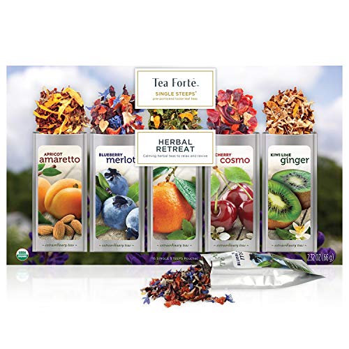 Tea Forté SINGLE STEEPS HERBAL RETREAT | Loose Leaf Tea Tea Sampler | Caja de Té Variado |15 Bolsas de Porciones Individuales | Té de Relajación
