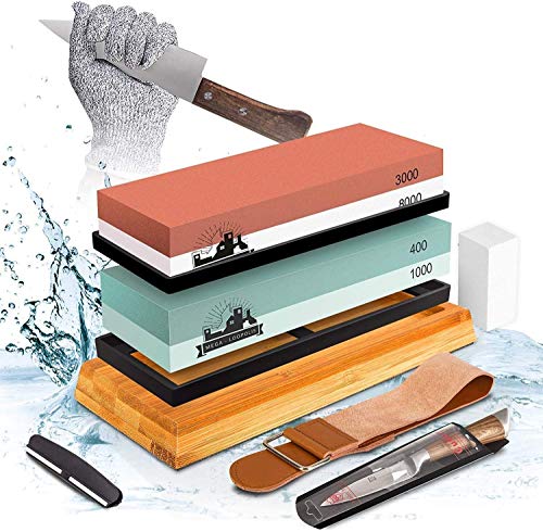 Knife Sharpening Stone set,Mega-Loopolis 4 Side Grit 400 1000 3000 8000 Knife Sharpener Whetstone Kit With Cut-Resistant Gloves,Knife, Bamboo Base,Flatting Stone,Angle Guide and Leather Strop(type A)