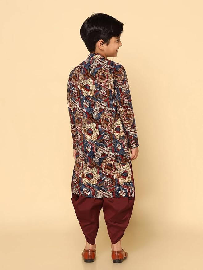 Kisah Kid's Cotton Full Sleeves Regular Fit Knee Length Abstract Maroon Kurta (3-4Y)