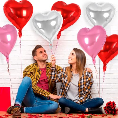 Image of 30 Pcs Red Pink and Silver Heart Balloons, 3 Sizes Heart Foil Mylar Balloon, Valentine Day Party Decorations, Love Balloon Valentine Balloons for Birthday Party Wedding Baby Shower