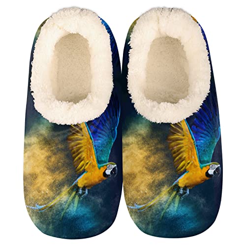Pantuflas coloridas con patrón de loros para mujer, calcetines de casa con forro de felpa, pantuflas de espuma viscoelástica voladora, zapatos cálidos y cómodos para niños, niñas, adolescentes,