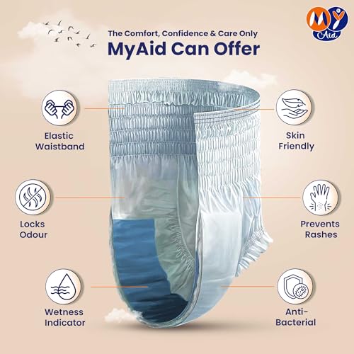 Image of Premium Unisex Pant Style Adult Diapers With Wetness Indicator, Elastic-Waist, Fast Absorption, Leakproof, Odour Lock & Anti-Bacterial 50 Count (M,Pack of 5)
