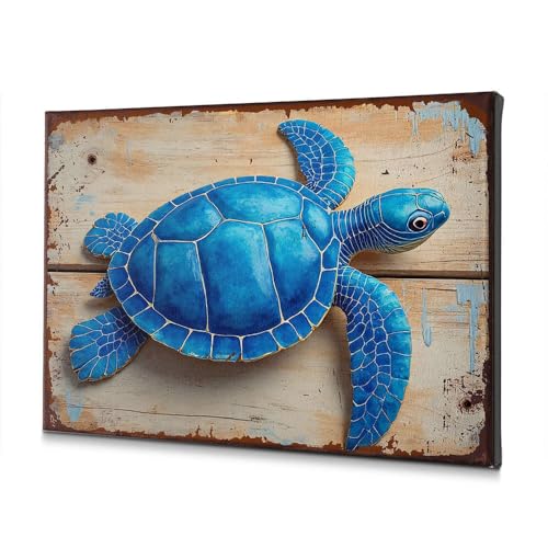Décoration murale tortue bleue sur fond bois en toile premium 40x60