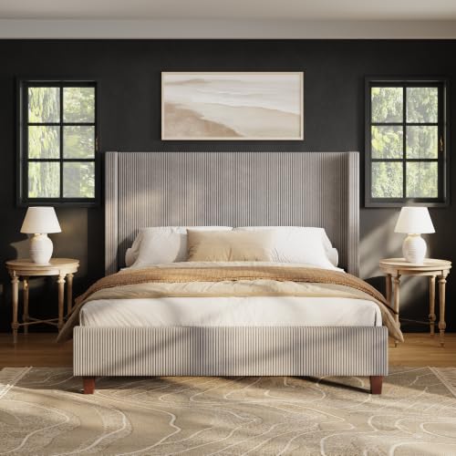 Image of HOWE Queen Size Bed Frame with 50.8 Inch Corduroy Wingback Headboard, Taupe | Modern Upholstered Platform Bed, Solid Wood Slats, No Box Spring Needed, Noise-Reducing Design
